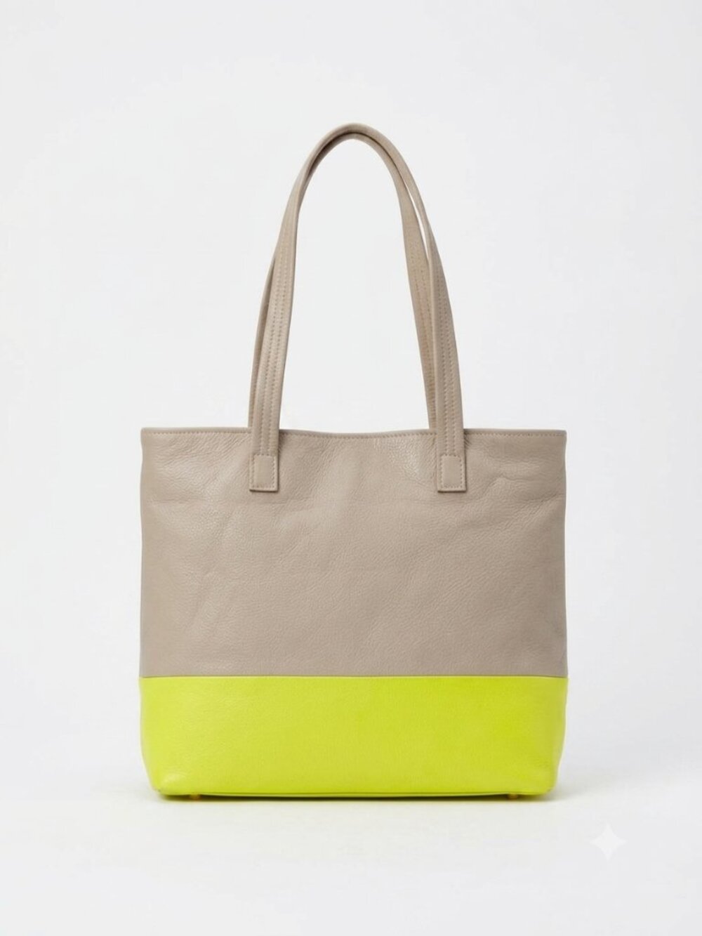 Freshly Picked Leather Colorblock Tote Bag Beige Neon Yellow USA 39339
